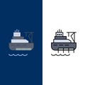 Ship, Boat, Cargo, Construction  Icons. Flat and Line Filled Icon Set Vector Blue Background Royalty Free Stock Photo