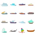 Ship and boat icons set, cartoon style