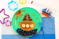 Ship boat pancakes with blueberry. Fun cute food for kids. Breakfast for children