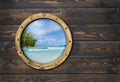 Ship or boat porthole on wooden wall 3d illustration Royalty Free Stock Photo