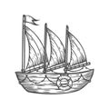 Ship, boat, sailboat, hand drawn engraving sketch vector nautical illustration.