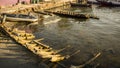 A ship or boat traditional skeleton in the river beach abandoned