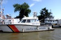 Ship of Border Police on the Danube Delta channel. Royalty Free Stock Photo