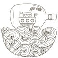 Ship in bottle floating on the wavy sea for coloring page