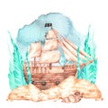 A ship at the bottom of the sea, in the sands and algae. Watercolor illustration. Isolated on a white background. For