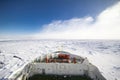 Ship breaking ice at the frozen ocean of Antarctica Royalty Free Stock Photo