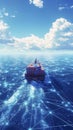Ship on a bright blue digital ocean under clouds