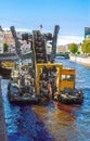 The ship of bucket dredger on the Moyka River in Saint-Petersburg