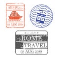 Ship and cableway travel stamps of rome in colorful silhouette