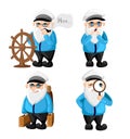 Ship captain in uniform on sea cartoon sailor characters set captain different facial expressions. Happy sad smile surprised, seri