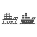 Ship with cargo line and glyph icon. Boat with containers vector illustration isolated on white. Tanker outline style