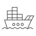 Ship with cargo thin line icon. Boat with containers vector illustration isolated on white. Tanker outline style design