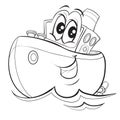 Ship character with big eyes, cute, cartoon, outline drawing, isolated object on a white background, vector illustration