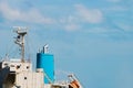 Ship chimney without exhaust fumes, copy space. Environmental air pollution concept. Vessel engine off. Royalty Free Stock Photo