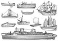 Ship, boat , collection, illustration, drawing, engraving, ink, line art, vector Royalty Free Stock Photo