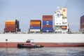 Ship with colorful containers in harbor near new york with blue Royalty Free Stock Photo