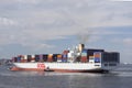 Ship with colorful containers near new york with blue sky on sun Royalty Free Stock Photo