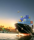 Ship and container box and cargo plane flying over shipping dock Royalty Free Stock Photo