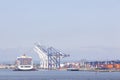 Ship with containers in harbor with cranes near new york Royalty Free Stock Photo