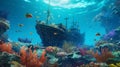 A Ship And Coral Reef In The Ocean: An Eerily Realistic And Nostalgic 8k Photo-realistic Junglepunk Neo-impressionist Masterpiece