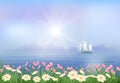 Ship and Cosmos flowers paper art, paper cut illustration Royalty Free Stock Photo