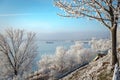 Ship that crosses the Danube river on a winter day on Galati, Romania Royalty Free Stock Photo