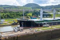 Ship crossing Panama Canal at Miraflores Locks - Panama City, Panama