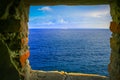 Ship cruise and framed turquoise adriatic beach in Dalmatia, Croatia