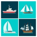 Ship cruiser boat sea brochure vessel travel industry vector sailboats cruise set of marine cards Royalty Free Stock Photo