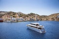 Ship in deam bay on symi on symi island Royalty Free Stock Photo