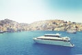 Ship in deam bay on symi on symi island Royalty Free Stock Photo