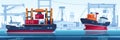 Ship in dock. Cargo transport with containers in harbor. Vessel for freight transportation. Water vehicle sailing in