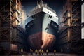 ship in drydock, with workers performing repairs and upgrades on the hull