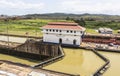 Ship entering the Panama Canal at Miraflores lock Royalty Free Stock Photo