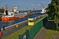 Ship enters the Holtenau lock and is brought to the berth.