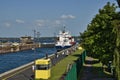 Ship enters the Holtenau lock and is brought to the berth.