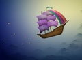 Ship in the evening sky in clouds, fairy boy putting stars on the night sky, fairy dreamland sailor on the heavens, Royalty Free Stock Photo