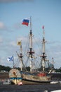 Historical replica of the sailing battleship Poltava stands on barrels in the waters of the Neva river. Saint-Petersburg, Russia