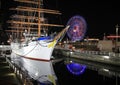 A ship and ferris wheel with illumination on the dark sky background. Cityscape of Yokohama.