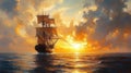 Ship on fire in ocean at sunset Royalty Free Stock Photo