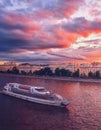 The Ship of the Flotilla Radisson and a colorful sunset over Moscow.