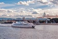 Ship of the Flotilla Radisson and Pushkin Andreevsky Bridge in Gorky Park.