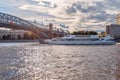 Ship of the Flotilla Radisson and Pushkin Andreevsky Bridge in Gorky Park.