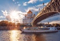 Ship of Flotilla Radisson Royal. Moscow River Cruise. The Cathedral of Christ the Savior at sunset.