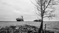 Ship on the foreland with rocks, gunboat island 05 may 2018 Royalty Free Stock Photo