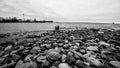 Ship on the foreland with rocks, gunboat island 05 may 2018 Royalty Free Stock Photo