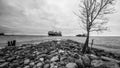 Ship on the foreland with rocks, gunboat island 05 may 2018 Royalty Free Stock Photo