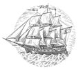 Ship frigate sailboat old sketch hand drawn vector illustration. Vintage engraving style Royalty Free Stock Photo