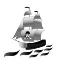 Ship. Frigate with white sails . Vector black and white drawing on white isolated background. Sketch