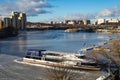 The ship on the frozen pier on a Sunny day Royalty Free Stock Photo